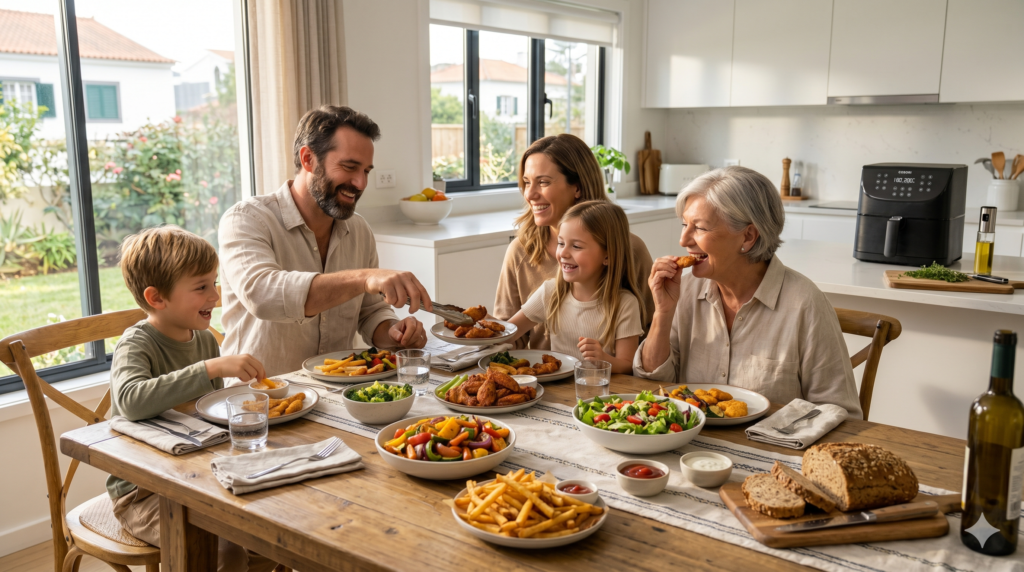 Family enjoying a delicious homemade meal prepared with an air fryer in a warm and welcoming kitchen.