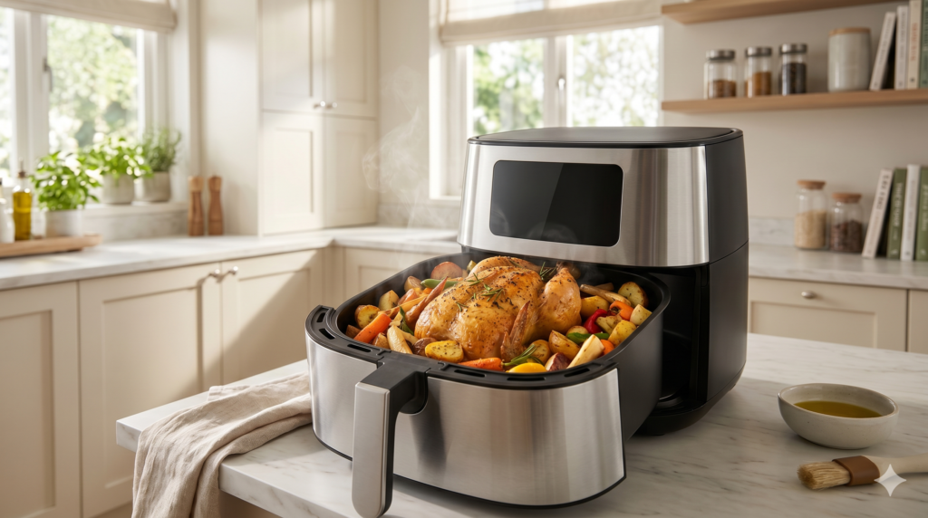 Large-capacity premium air fryer cooking a whole chicken with roasted vegetables.