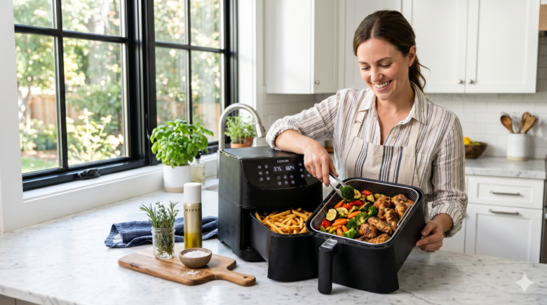 How to use an air fryer for beginners with crispy fries, chicken wings, and vegetables in a modern kitchen. quantas fotos no artigo? For an article with 1,600–2,000 words, I recommend 8 images total for the best SEO, user experience, and Pinterest potential. Image Structure 1. Featured Image Place: Above the title Purpose: Increase CTR and social sharing 2. Air Fryer Basics Image Place: After "What Is an Air Fryer and How Does It Work?" Show: Air fryer with labeled components 3. First-Time Setup Image Place: After "Setting Up Your Air Fryer for the First Time" Show: New air fryer being unpacked and cleaned 4. Step-by-Step Cooking Process Image Place: Before "How to Use an Air Fryer: Step-by-Step" Show: Ingredients being placed into the basket