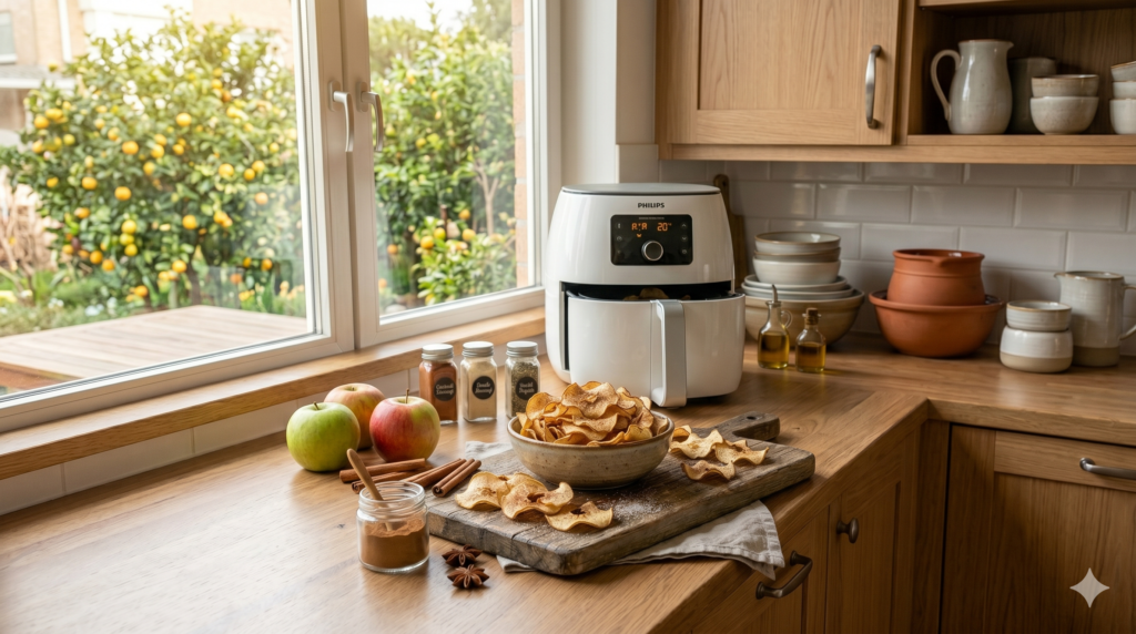 Crispy homemade air fryer apple chips sprinkled with cinnamon and served as a healthy snack.