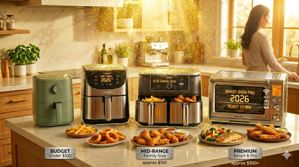 Comparison of budget, mid-range, and premium air fryers for different spending levels.