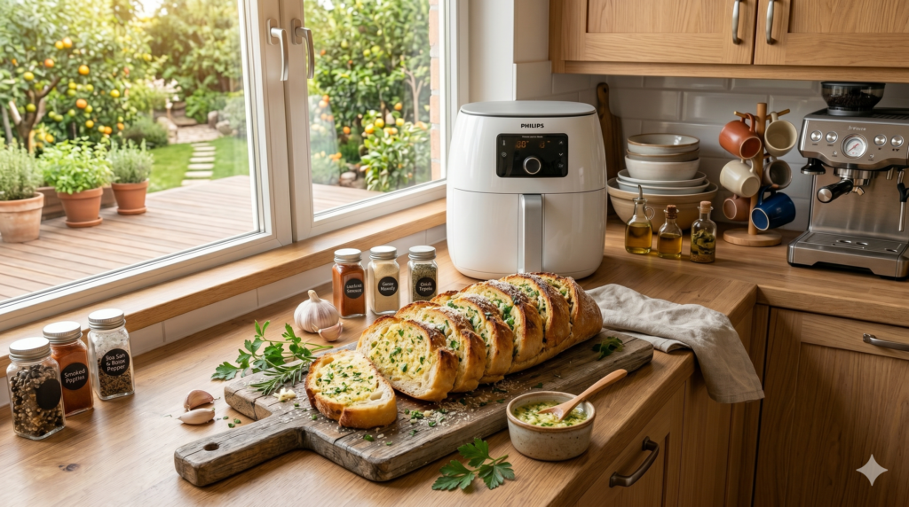 Golden crispy air fryer garlic bread topped with butter, garlic, and fresh parsley.