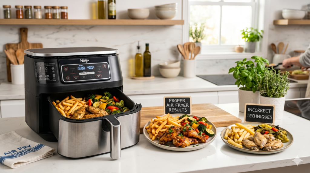 Perfectly cooked air fryer food showing the benefits of using proper air fryer tips and tricks.