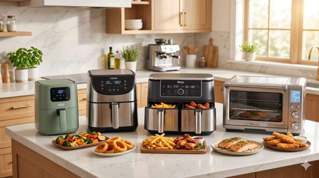 Top-rated air fryers of 2026 displayed with a variety of air-fried foods in a modern kitchen.