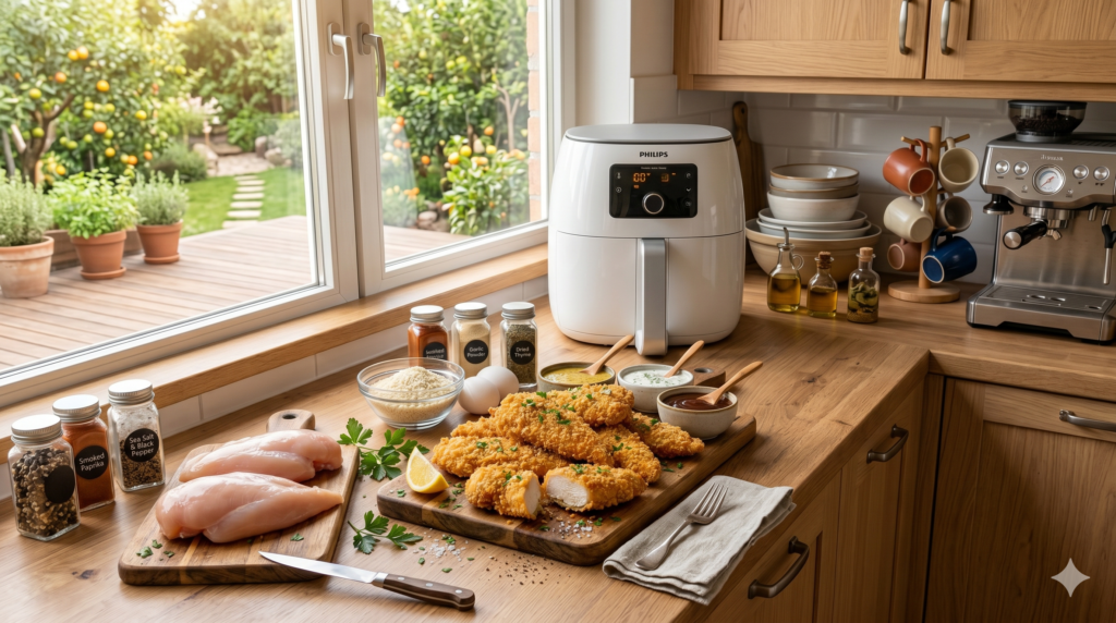 Golden crispy air fryer chicken tenders served with dipping sauces and fresh herbs.