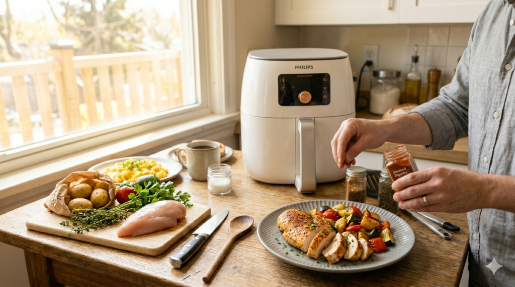 Juicy air fryer chicken breast seasoned with spices and served as a healthy homemade meal.