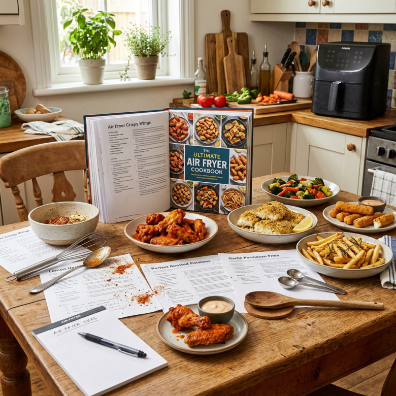 Various air fryer dishes displayed on a wooden kitchen table with an open air fryer cookbook