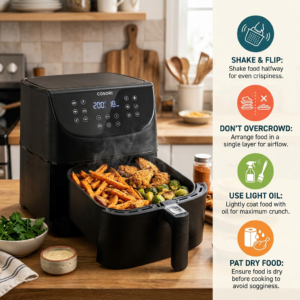 Cosori air fryer with cooked sweet potato fries, chicken wings, and Brussels sprouts, plus cooking tips for shaking food, avoiding overcrowding, using light oil, and patting dry food