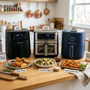 Three air fryers labeled best of 2026 with plates of crispy wings, roasted vegetables, and sweet potato fries