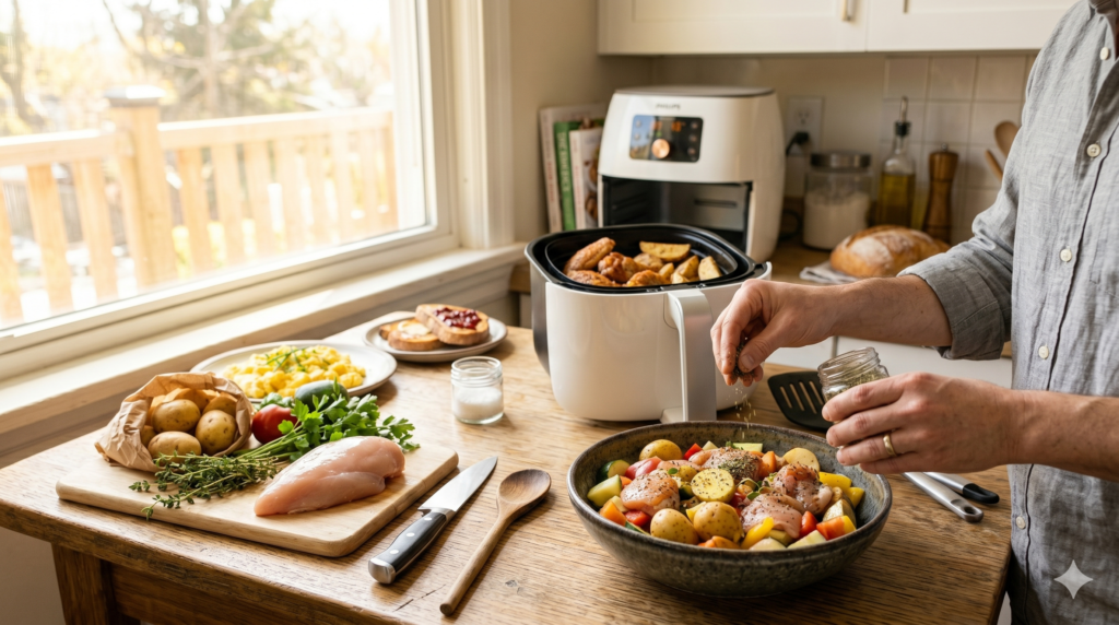 A modern kitchen scene featuring an air fryer and simple homemade meals prepared for everyday cooking.