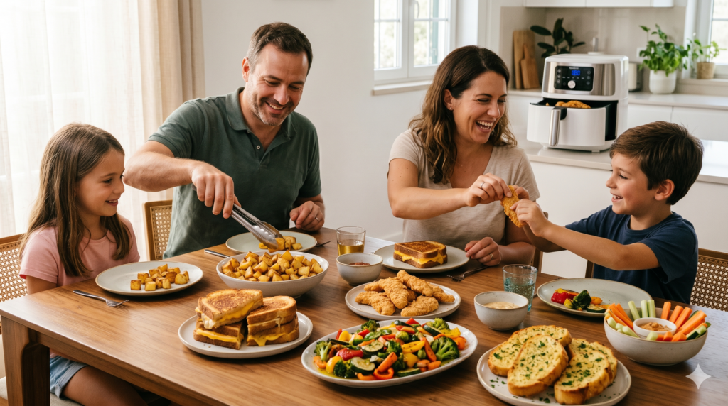 Family gathered around a table enjoying homemade air fryer meals in a warm kitchen setting.
