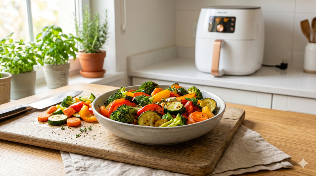 Colorful air fryer vegetables including broccoli, bell peppers, and zucchini roasted to perfection.