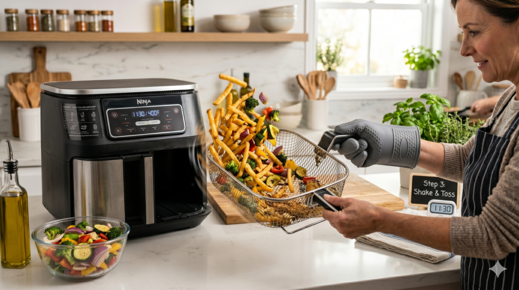 Shaking an air fryer basket halfway through cooking to achieve crispy and evenly cooked food.