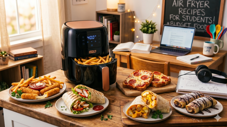 A wide-angle, high-quality food photography shot with warm, cozy lighting, featuring a wooden countertop filled with student-friendly snacks. In the center, a compact black and rose-gold air fryer has its basket open, filled with golden, crispy french fries. Surrounding it are plates of grilled chicken wraps, breakfast burritos sliced in half, pepperoni pizza toasts, gooey mozzarella sticks with a side of ketchup, and sweet chocolate banana rolls dusted with powdered sugar. In the background, a casual study vibe is set with an open laptop on a desk, headphones resting on a notebook, and a small chalkboard on the wall that reads: "AIR FRYER RECIPES FOR STUDENTS! *BUDGET FOOD".