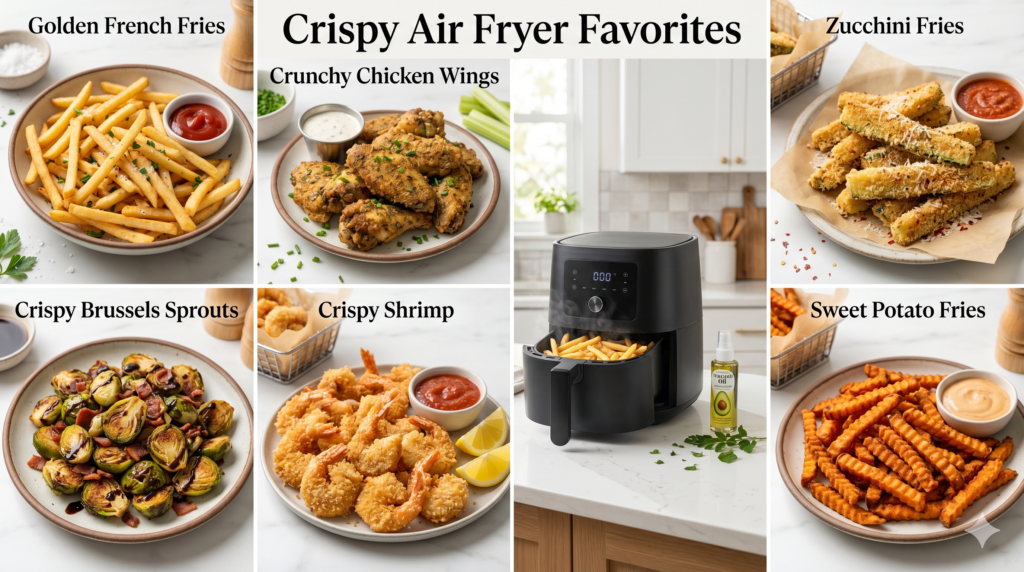 Collection of crispy air fryer recipes made with less oil including fries, shrimp, vegetables, and chicken wings.