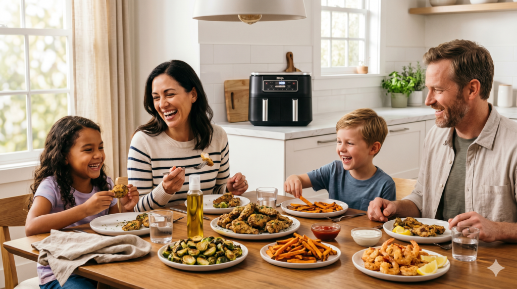Family enjoying healthy crispy air fryer recipes made with less oil in a modern kitchen.