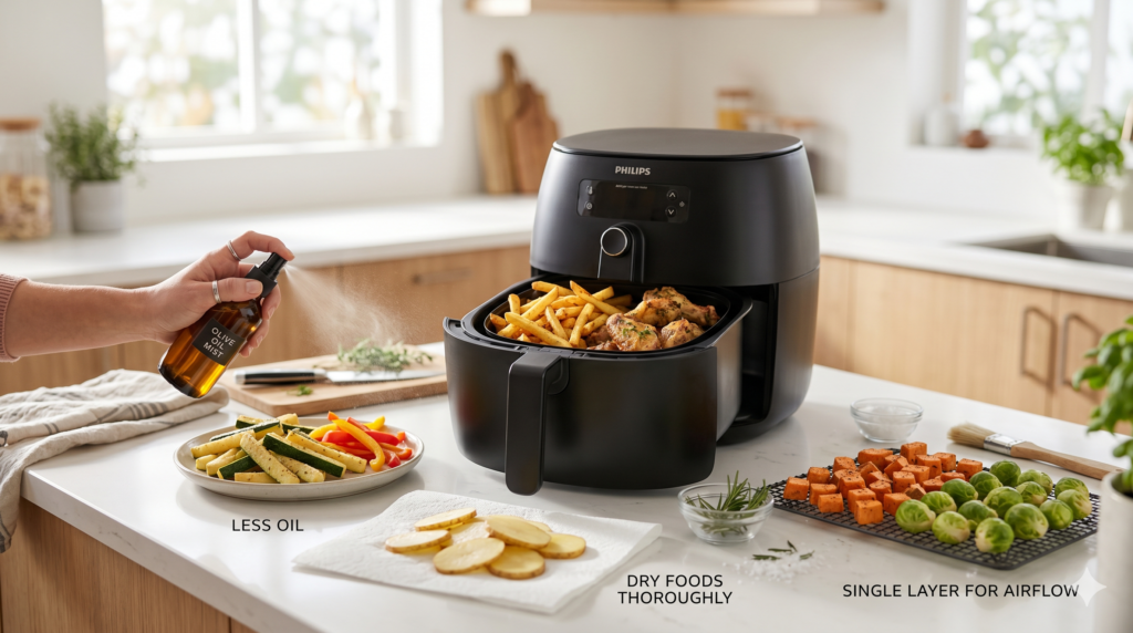 Techniques for making crispy air fryer recipes with less oil using proper preparation and light oil spray.