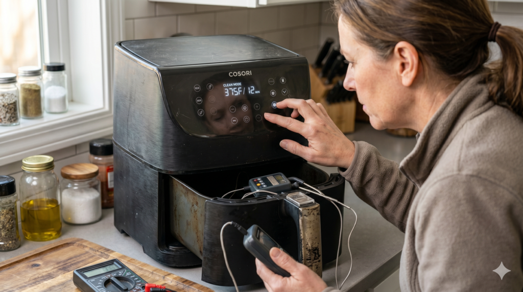 Older air fryer showing signs of wear and tear