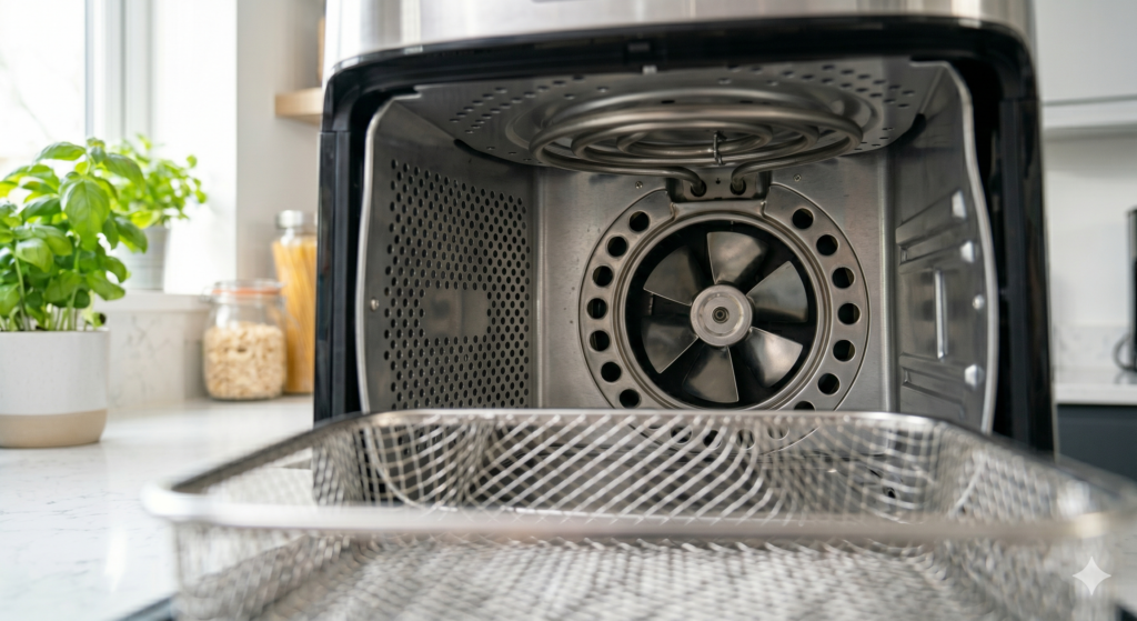 Clean air fryer fan and ventilation system maintained for optimal airflow