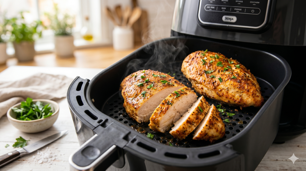 Juicy air fryer chicken breast cooked to perfection with crispy golden edges.