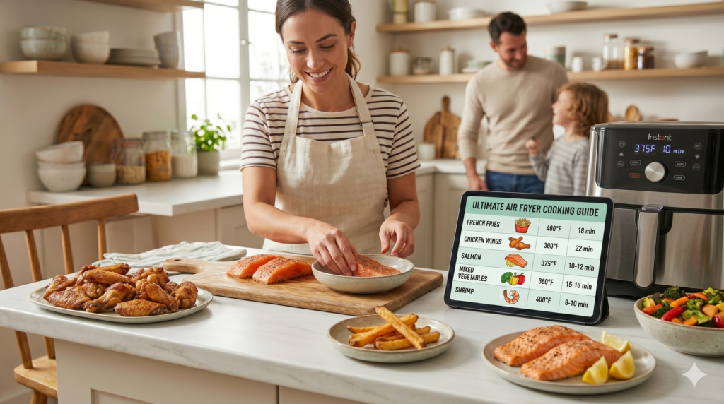 Home cook using an air fryer cooking times guide to prepare perfectly cooked meals with confidence.