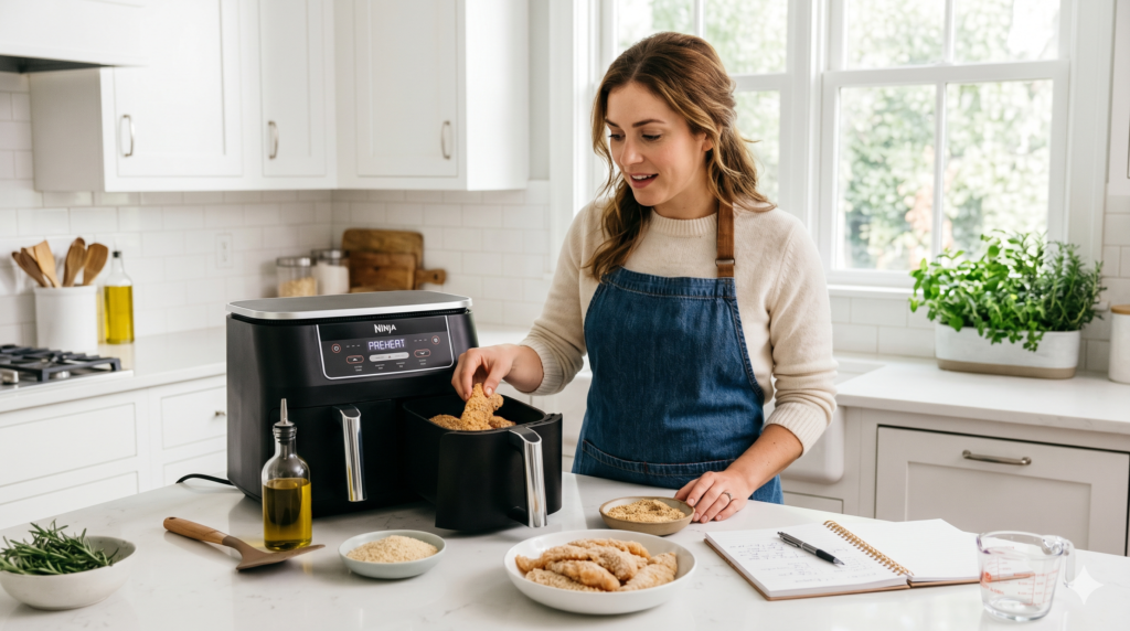 A beginner learning to cook with an air fryer in a modern kitchen.