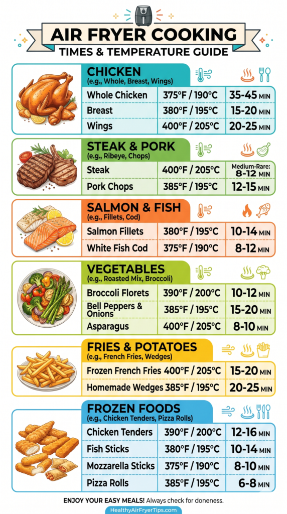Easy air fryer cooking times chart for beginners with temperatures and cooking durations.