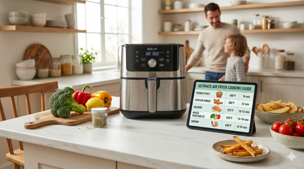 Air fryer cooking times and temperature chart for common foods including chicken, fish, vegetables, and fries.