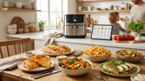 Air fryer cooking times and temperature guide featuring popular foods cooked to perfection.