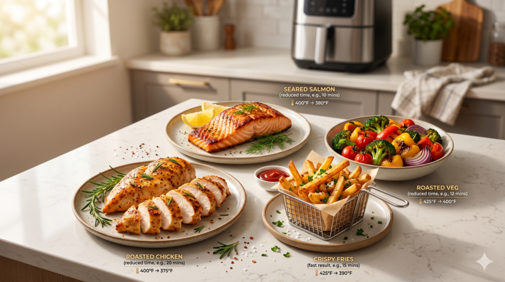 Popular foods that can be converted from oven cooking to air fryer cooking.