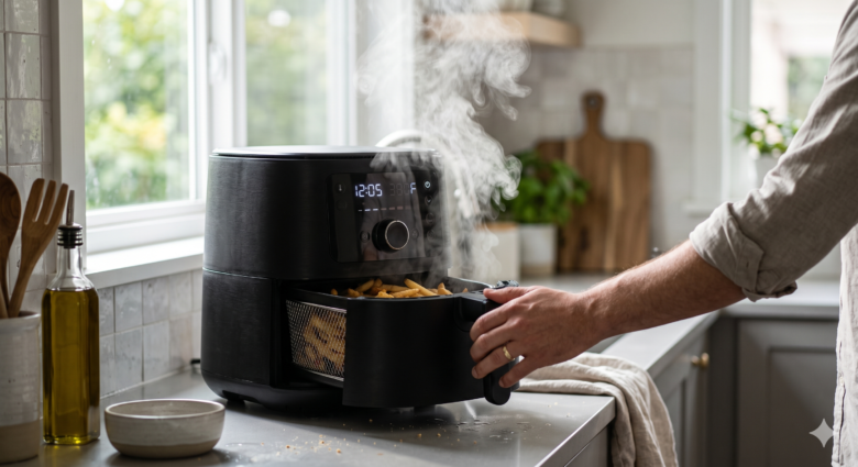 Modern air fryer turning off unexpectedly during cooking on a kitchen countertop