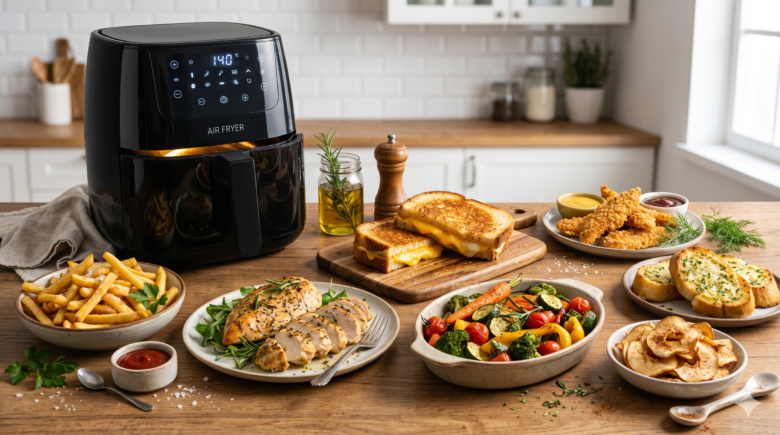 Easy beginner-friendly air fryer recipes including fries, chicken, vegetables, and snacks.