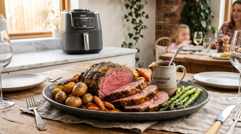 Juicy air fryer roast beef served with roasted vegetables and homemade gravy.