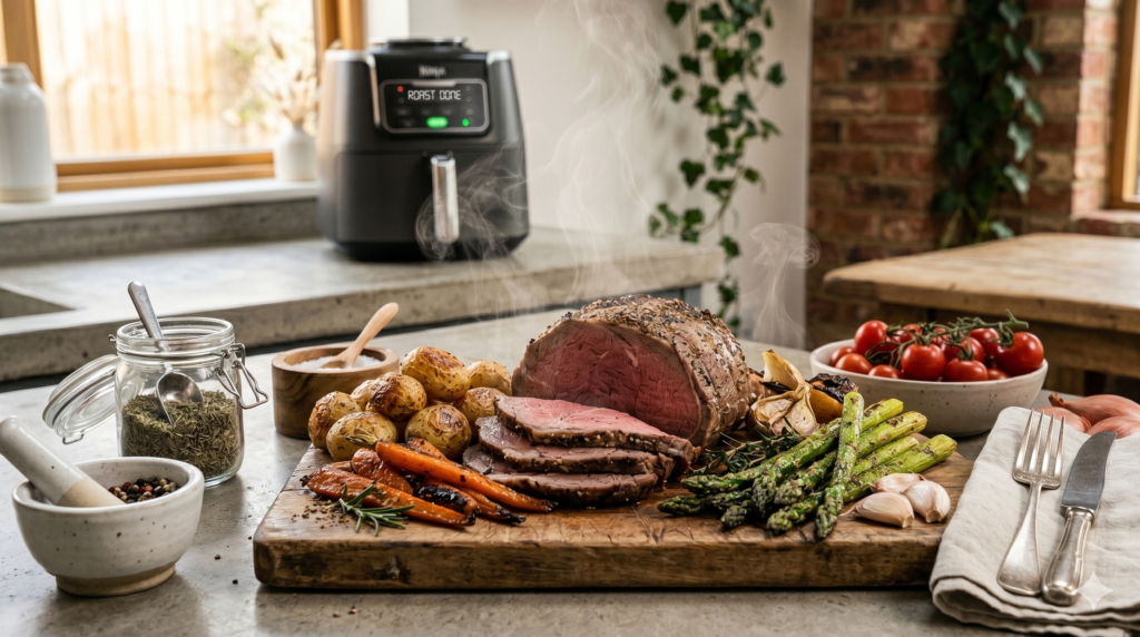Air fryer roast beef cooking alongside potatoes, carrots, and asparagus.