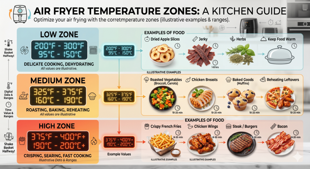Understanding low, medium, and high air fryer temperatures for better cooking results.