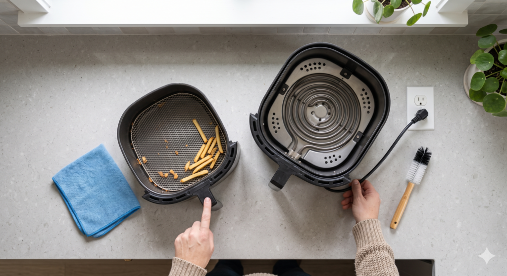 Person inspecting an air fryer power cord, basket and wall outlet during troubleshooting