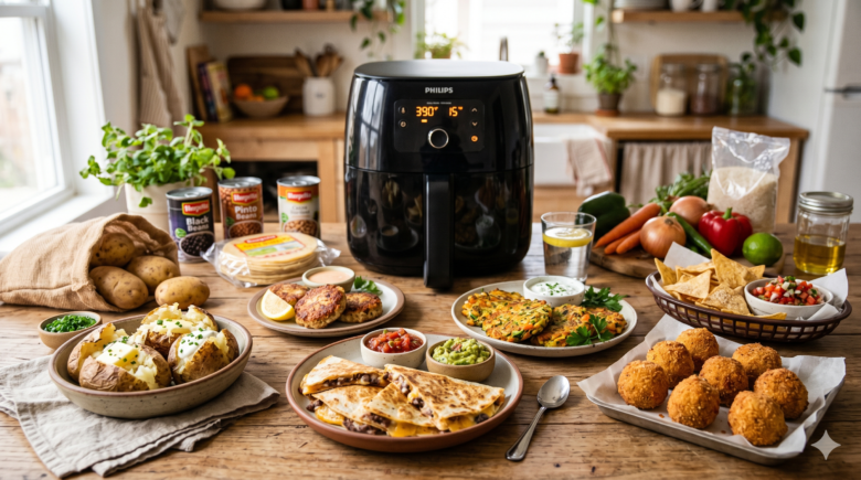 Affordable air fryer meals made with simple ingredients including potatoes, wraps, vegetables, and snacks.