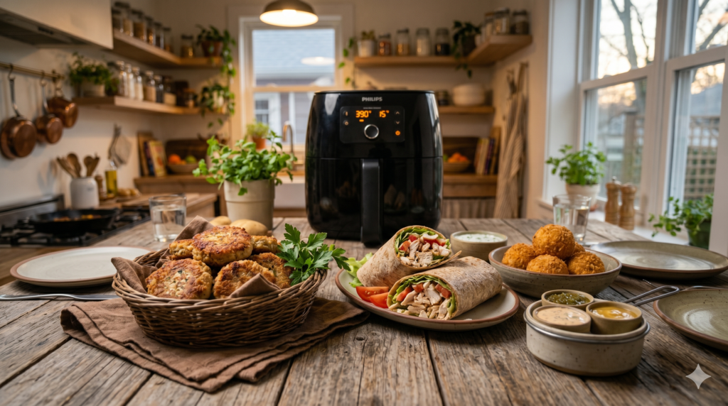 Affordable air fryer meals including tuna patties, wraps, and rice balls served on a kitchen table.