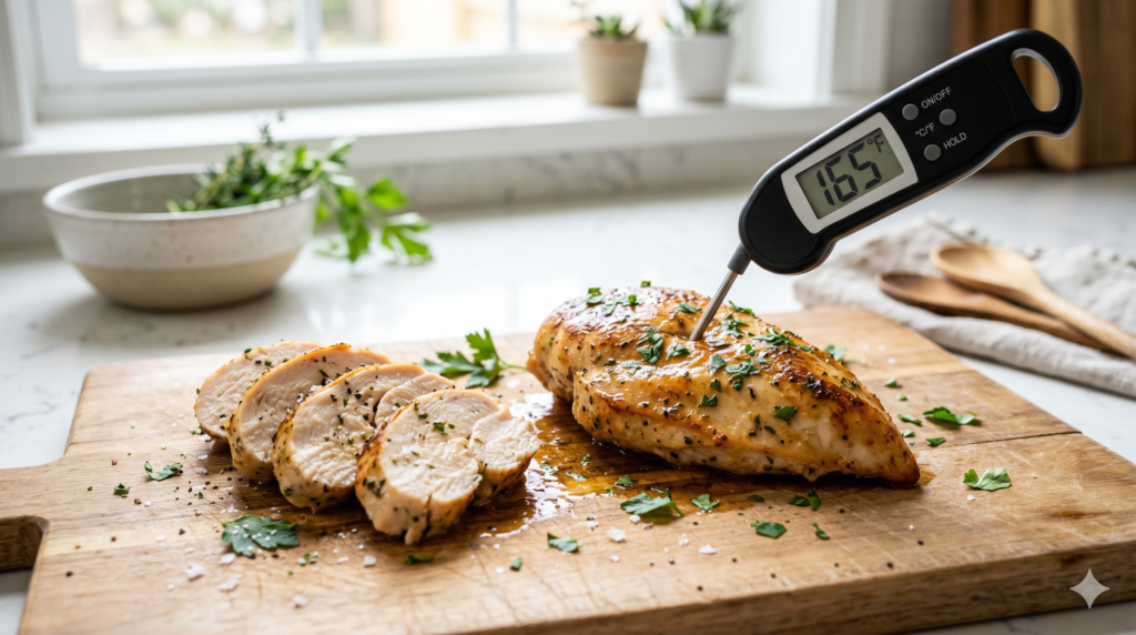 Use a meat thermometer to ensure chicken reaches the safe internal temperature of 165°F.