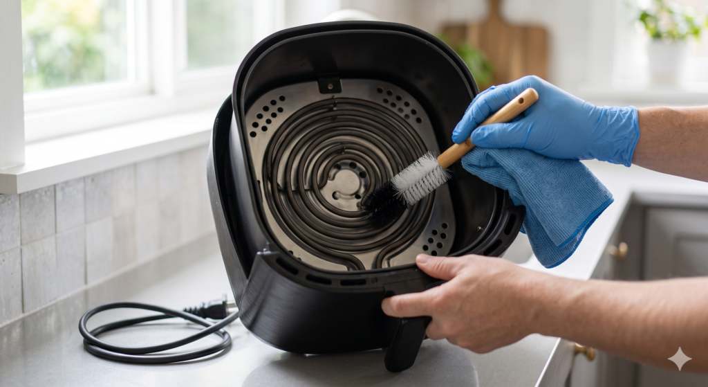 Cleaning the inside of an air fryer with a microfiber cloth and soft brush