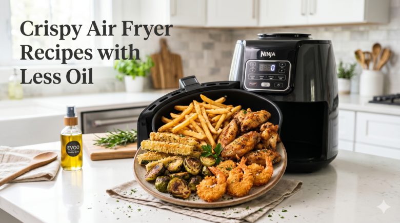Crispy air fryer recipes with less oil featuring fries, chicken wings, vegetables, and shrimp cooked to perfection.