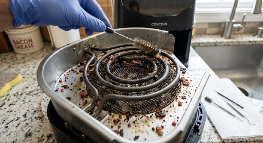Food particles and residue can burn during cooking and create smoke.