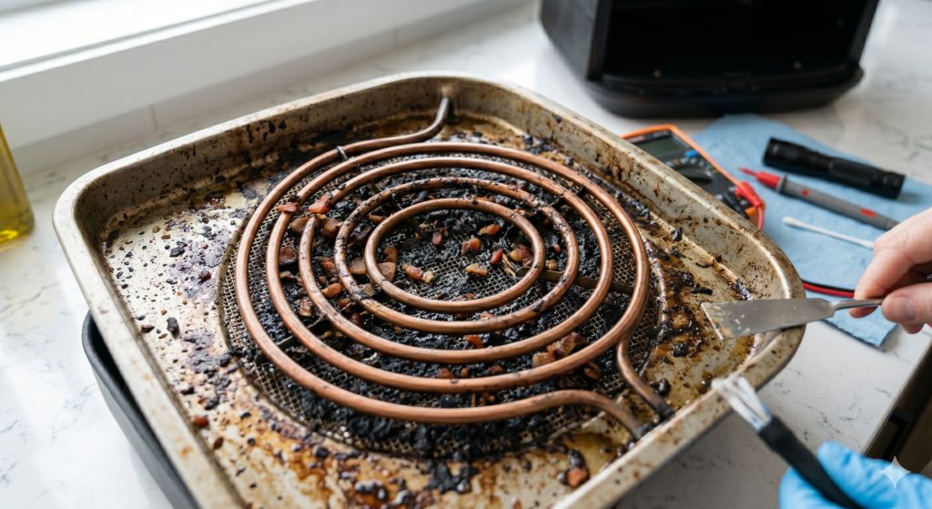 Grease and food residue on the heating element can reduce heating performance.
