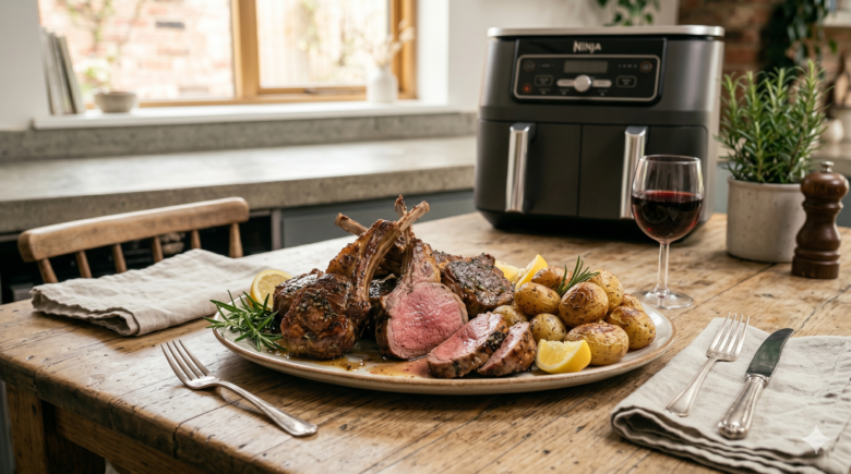Juicy air fryer lamb chops seasoned with garlic and rosemary served on a dinner plate.