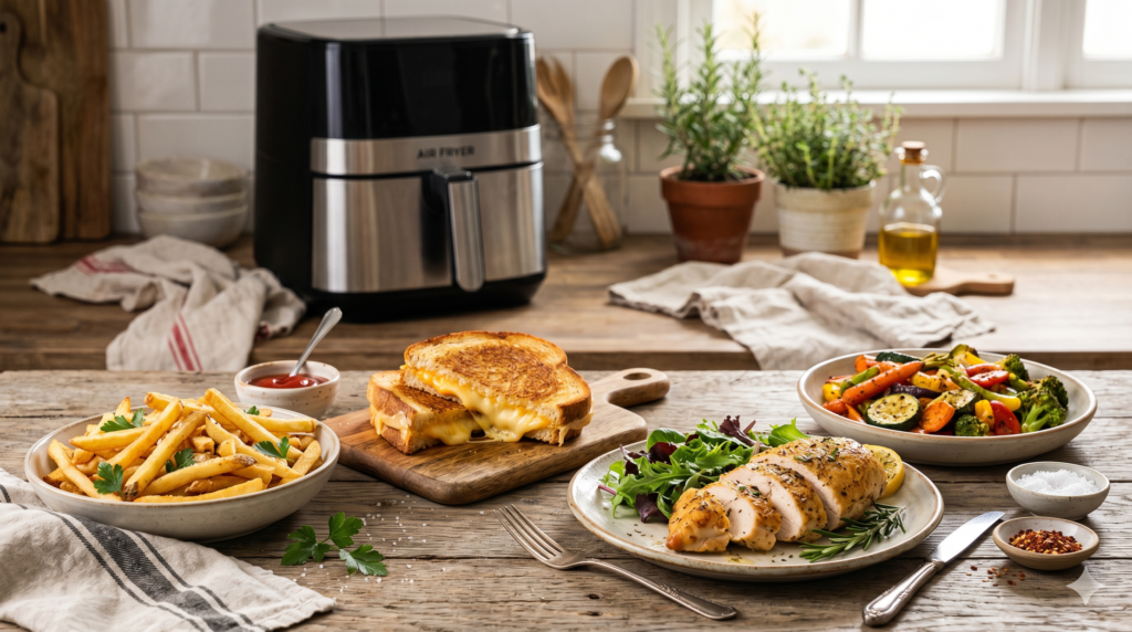 A variety of easy beginner air fryer meals displayed on a kitchen table.