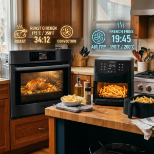 Kitchen with oven roasting chicken at 175°C for 34 minutes and air fryer cooking fries at 390°F for 19 minutes