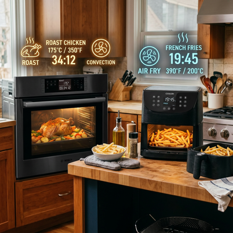 Kitchen with oven roasting chicken at 175°C for 34 minutes and air fryer cooking fries at 390°F for 19 minutes