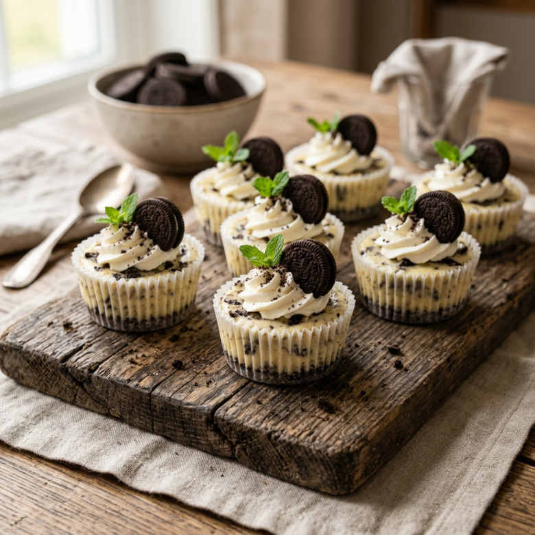 Six mini cookies and cream cheesecakes with whipped cream, Oreo cookie halves, and fresh mint on a rustic wooden board