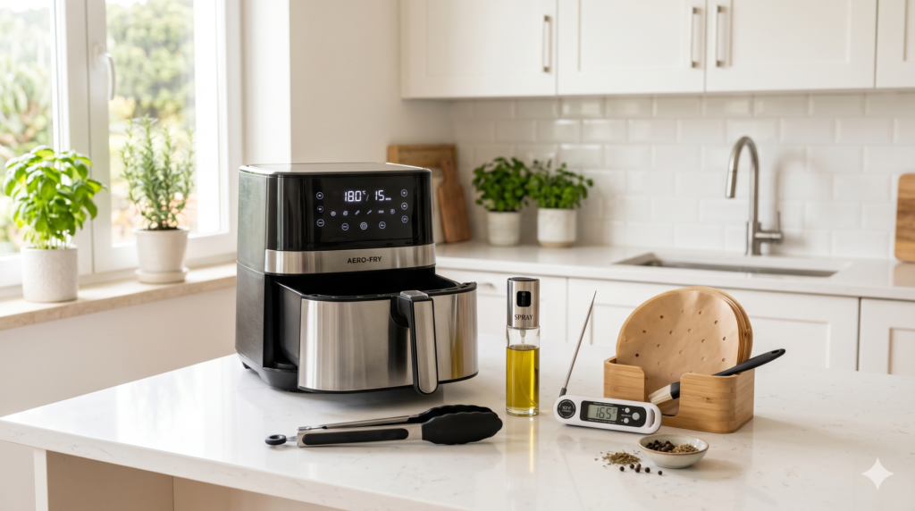 Air fryer accessories including tongs, oil sprayer, meat thermometer, and parchment liners.