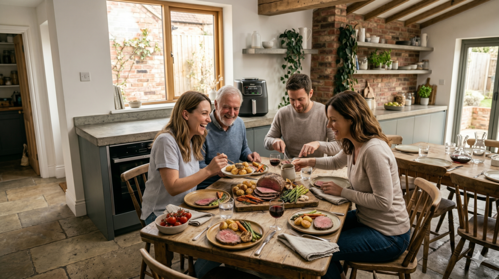 Family gathered around a table enjoying homemade air fryer roast beef and vegetables.